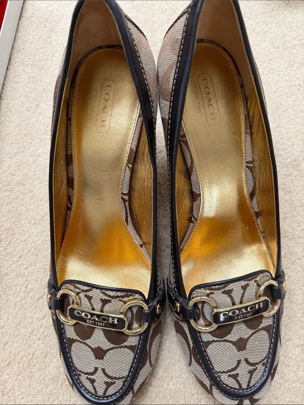 Coach Brown Signature Canvas Heeled Loafers with Gold Hardware